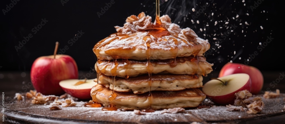 Poster a stack of fluffy pancakes, generously topped with slices of fresh apples and drizzled with golden s