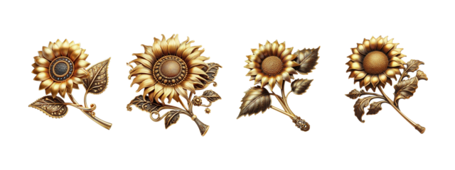 Sunflower brooch old fashion made of gold with intricate design set transparent background PNG