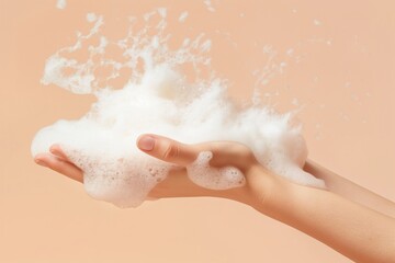 Fototapeta premium Womans hands cradles a cluster of white, bubbly soap foam against a warm beige backdrop