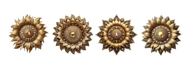 Sunflower brooch old fashion made of gold with intricate design set transparent background PNG
