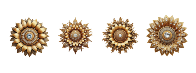 Sunflower brooch old fashion made of gold with intricate design set transparent background PNG