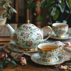 Cup of tea and a teapot on a wooden background, vintage tea set.