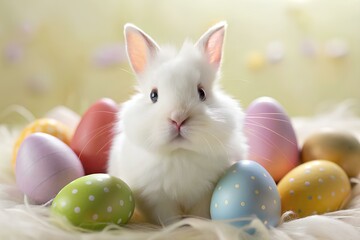 Fototapeta na wymiar Cute bunny with Easter eggs, happy Easter concept 