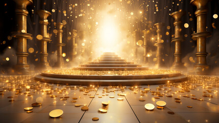 Abundance and Prosperity: Pile of Gold Coins with Shimmering Light, created with Generative AI technology