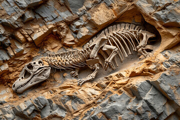 View of an intricate dinosaur fossil embedded in rock, surrounded by geological layers, showcasing ancient life.