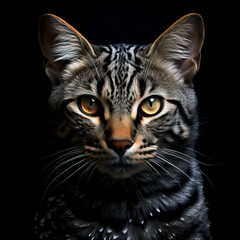 Mystic Feline Gaze: Intense Tiger-striped Cat with Piercing Blue Eyes, created with Generative AI technology.