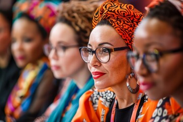 Group of Women in Colorful African Attire with Focus on Woman wearing Orange Headwrap