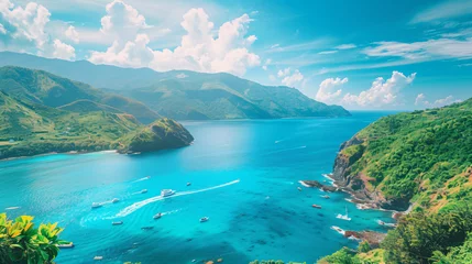 Selbstklebende Fototapeten Beautiful blue sea clear sky green mountains aro © Cybonad