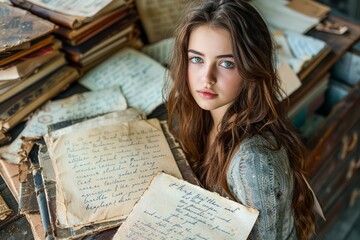 Young Woman with Captivating Eyes Surrounded by Antique Handwritten Letters and Vintage Books