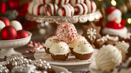 A spread of delectable Christmas desserts including gingerbread cookies peppermint bark and eggnog truffles tempting everyone with their delicious scents and festive decorations.