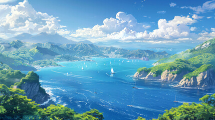 Beautiful blue sea clear sky green mountains aro