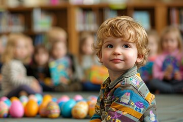 Adorable Toddler with Curly Hair Participating in Easter Egg Hunt in Library Setting with Children...