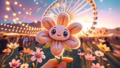 Flower with smile, glitter, at Coachella, Ferris wheel backdrop, sunset hues. Flower smiles with glitter at Coachella, near Ferris wheel, at sunset.