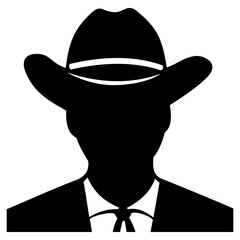 Man in cowboy hat and suit, sheriff. Silhouette head for avatars, user profiles. Designed to good fit in square and circle. Vector clipart isolated on white.