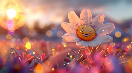 Flower with smile, glitter, at Coachella, Ferris wheel backdrop, sunset hues. Flower smiles with glitter at Coachella, near Ferris wheel, at sunset.