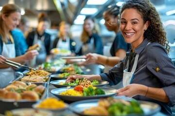 Professional Female Chef Serving Healthy Meals at a Busy Commercial Kitchen with a Smiling Team in the Background