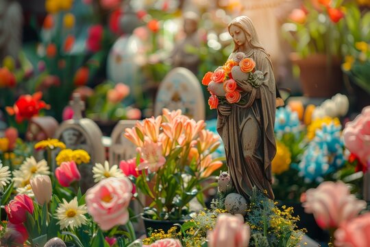Peaceful Statue of the Virgin Mary Holding Bouquet Among Colorful Blooms in Serene Garden Scene