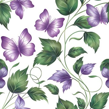 Purple butterflies and green leaves on a white background, decorative pattern
