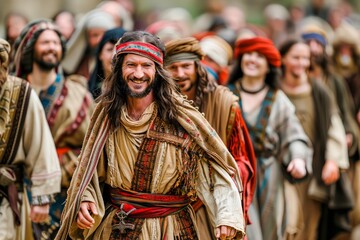 Fototapeta premium Historical Reenactment of a Medieval Gathering with Smiling Man in Traditional Costume