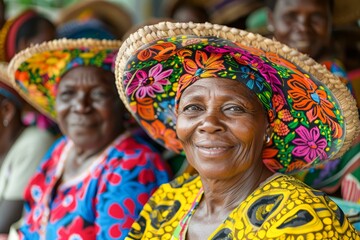 Vibrant Portrait of Smiling Elderly Woman in Traditional African Attire with Colorful Hat
