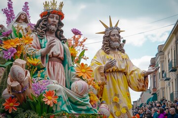 Colorful Religious Procession Statues with Easter Symbols and Floral Decorations during Holy Week - obrazy, fototapety, plakaty