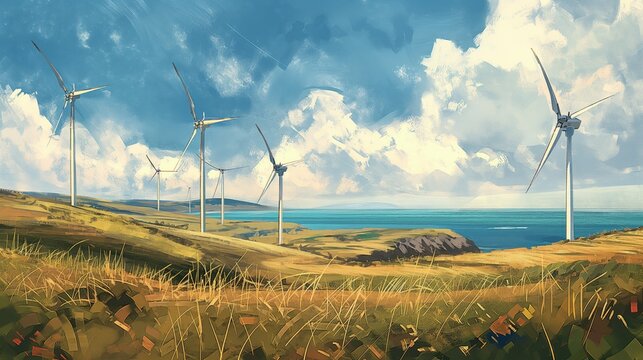 Wind Turbines Overlooking the Sea on a Sunny Day Illustration