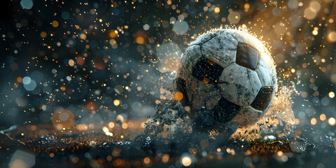 Burning football with dark background 3d rendering, A soccer ball in the grass with a blue background


