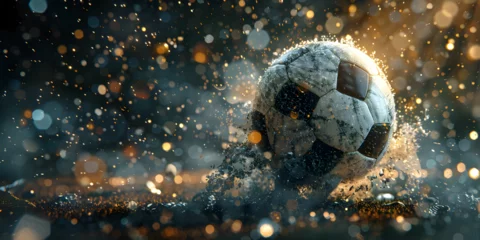 Fototapeten Burning football with dark background 3d rendering, A soccer ball in the grass with a blue background   © Hadi