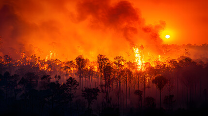 A raging wildfire, with billowing smoke as the background, during a blazing forest fire