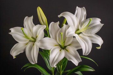 Fototapeta premium Beautiful White Lily Flowers with Fresh Dew Drops on Dark Background for Elegant Floral Wallpapers and Decorations