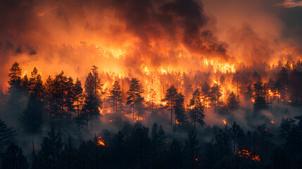 A raging wildfire, with billowing smoke as the background, during a blazing forest fire