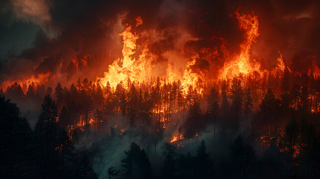 A raging wildfire, with billowing smoke as the background, during a blazing forest fire