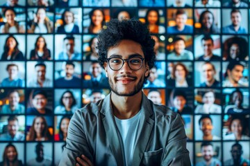 Smiling Young Man in Glasses with Virtual Background of Diverse People's Portraits
