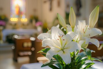 Elegant White Lilies Blooming in Sunlit Church Interior, Symbolic Floral Decoration for Religious Ceremonies and Peaceful Contemplation