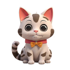Fototapeta premium Adorable 3D Rendered black spot Tabby Kitten with a Charming orange Bow Tie Sitting Playfully Isolated on transparent Background, Perfect for Children's Illustrations and Pet-Themed Design Elements