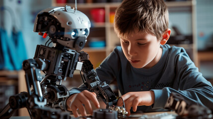 Boy constructing Robot in a robotics club