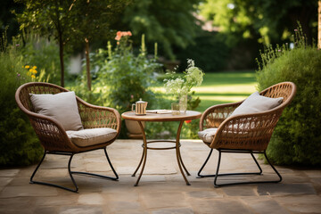 Wicker chairs and a metal table in an outdoor summer garden