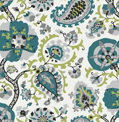 Naklejka premium seamless pattern on autumn theme. Trendy print with cute embroidery of flowers and leaves