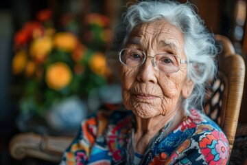 Elderly Asian Woman with Glasses Sitting Peacefully at Home with a Warm Smile
