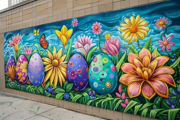 Vibrant Street Art Mural of Colorful Easter Eggs and Spring Flowers on Urban Wall
