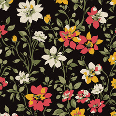 seamless pattern on autumn theme. Trendy print with cute embroidery of flowers and leaves