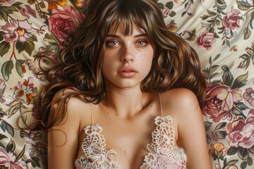 Portrait of a Young Woman with Freckles Lying on Floral Background, Brunette with Green Eyes in Lace Top