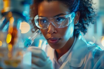 Professional African-American Female Scientist Conducting Experiment in Modern Laboratory