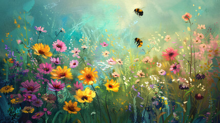 Fototapeta na wymiar Bee pollinating small colorful flowers