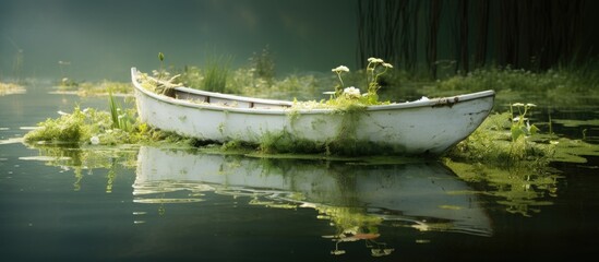 A stunning small white rowing boat peacefully gliding through algae-filled water.