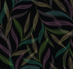 seamless pattern on autumn theme. Trendy print with cute embroidery of flowers and leaves