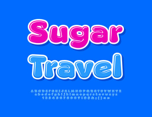 Fototapeta na wymiar Vector sweet flyer Sugar Travel. Glossy Blue Font. Artistic Alphabet Letters and Numbers.