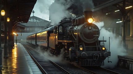 Naklejka premium Locomotive Train Pulling in to the Station. Generative Ai
