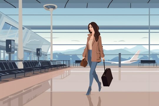 2d illustration of a girl in a brown jacket with a suitcase at the airport . Travel concept. Travelling.