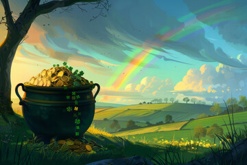 An image of a treasure-filled pot of gold coins adorned with shamrocks, against the backdrop of a serene Irish countryside with a subtle rainbow in the sky. - obrazy, fototapety, plakaty